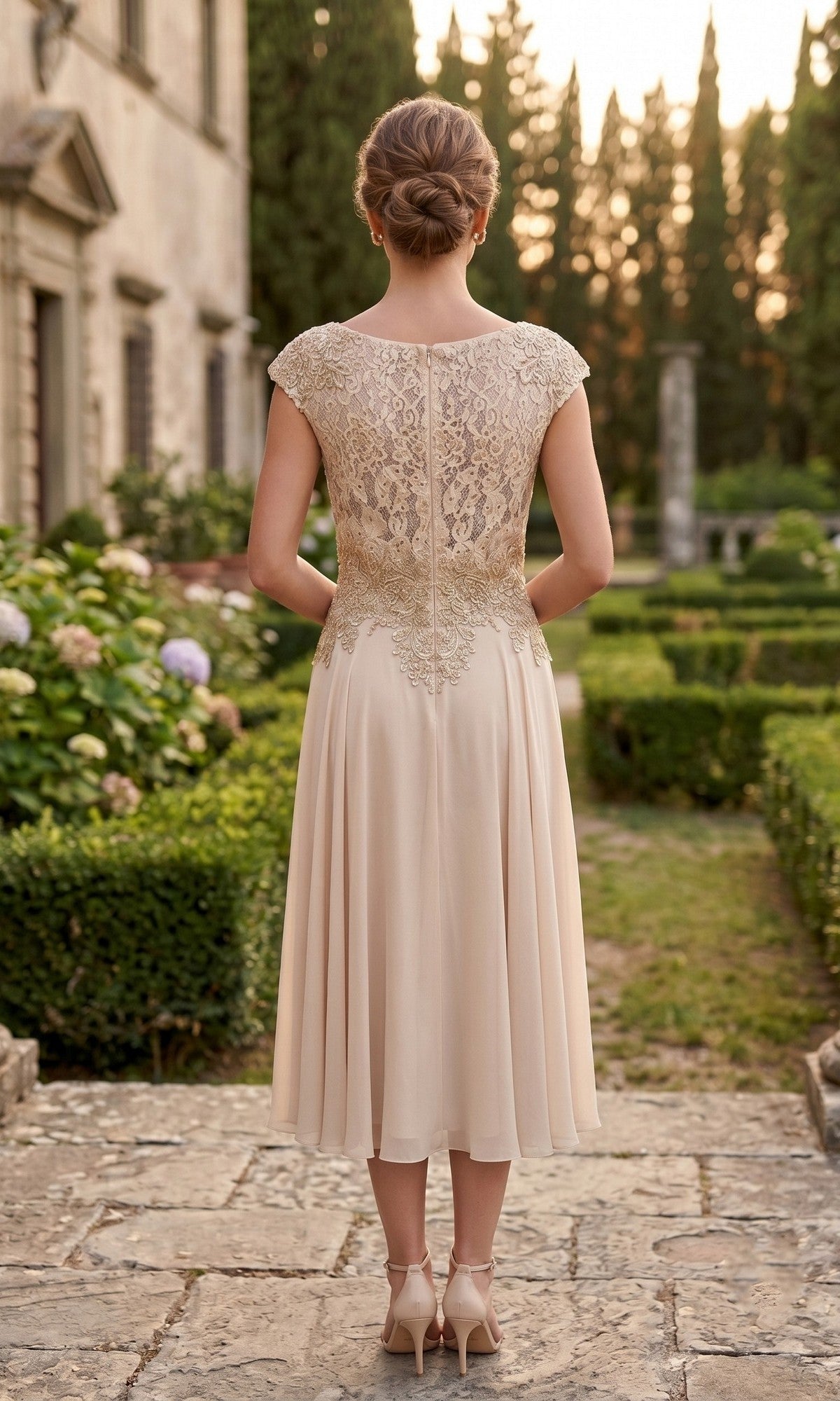 A woman stands on a stone path in a manicured garden, facing away from the camera with her hair neatly styled in a low bun, wearing the elegant, light beige Chicas C7542 Long Formal Dress featuring delicate lace and an ankle-length silhouette.